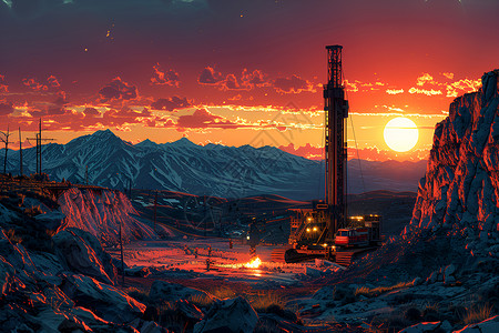 钻机夕阳的矿场插画