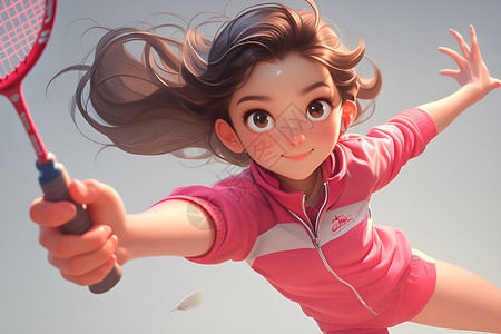 戴耳机的少女亮丽的亚洲卡通女孩在白色背景下穿着粉色运动服手戴耳机挥舞着网球拍打球插画