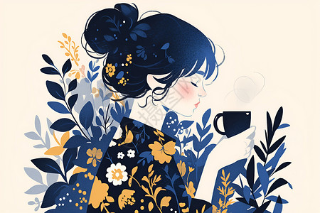 花裙少女与咖啡背景图片