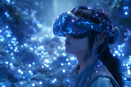 眼镜少女虚拟现实中戴VR眼镜的少女设计图片