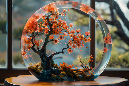 玻璃中的花朵树木背景图片