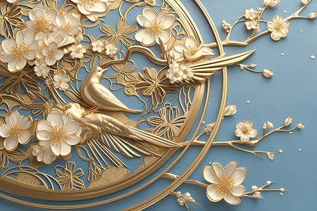 金属立体素材设计的华丽花鸟装饰品背景