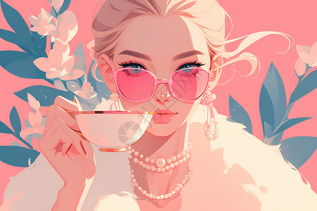 珍珠美白少女优雅饮茶插画