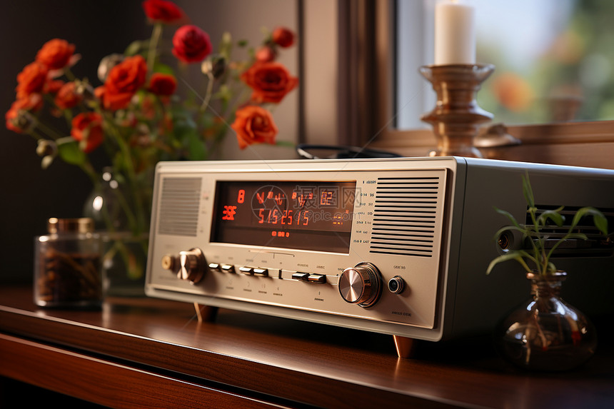 木桌上的复古收音机图片