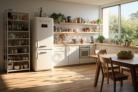 住宅厨房内的架子和冰箱背景图片