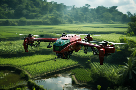 田野中的红色无人机背景图片