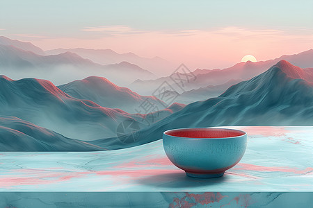 风景装饰山水风景和陶瓷碗设计图片