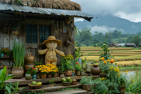 忧伤的稻草人茅屋下的稻草人背景