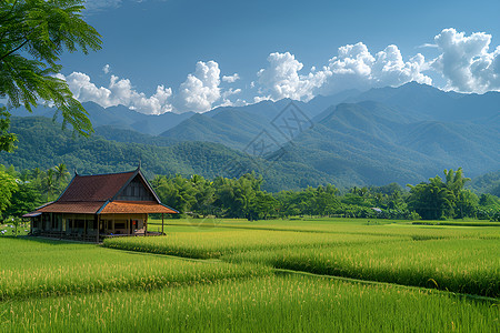 稻花稻田里的农舍背景