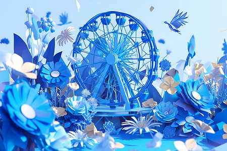 蓝色摩天轮与盛开花园背景图片