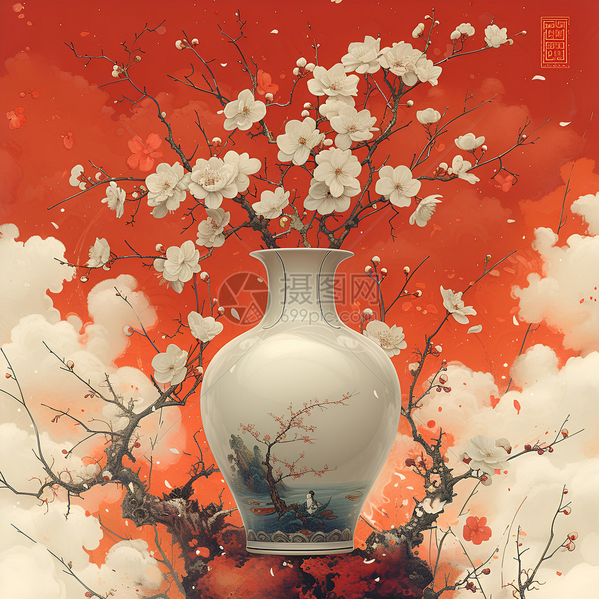 盛开的白梅与瓷花瓶图片