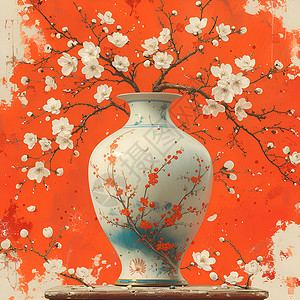 花瓶与白色梅花背景图片