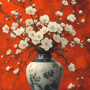 红墙白瓦白花瓶红墙细致油画插画