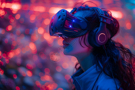 VR头盔女子戴着耳机与头盔背景