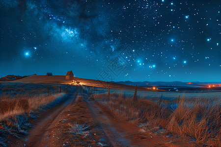 北京道路夜景星空下的田野景观插画