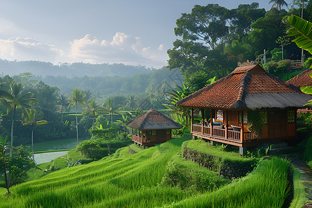 稻田里的村舍背景图片