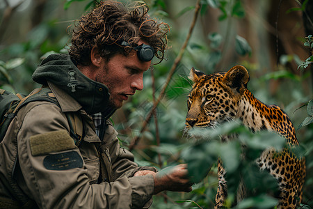丛林中的男子和猎豹背景图片