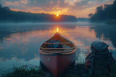日落独木舟湖畔的独木舟和露营装备背景