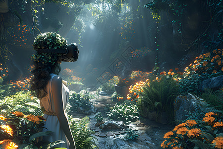 游戏里的素材女孩在森林里戴着VR眼镜设计图片