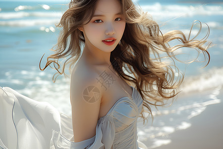 夏天美丽裙子海滩上穿着白色连衣裙的女孩背景