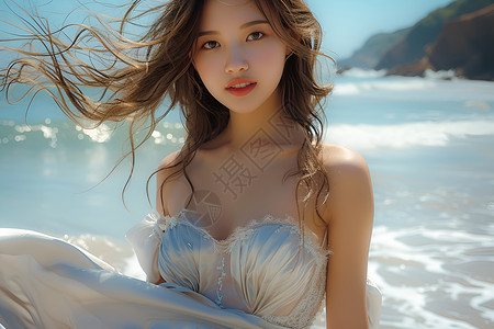 夏天美丽裙子海边穿着华服的少女背景