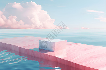 浮层粉色方块浮在海洋上插画