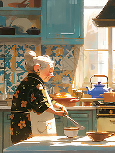 在厨房做饭的老人背景图片