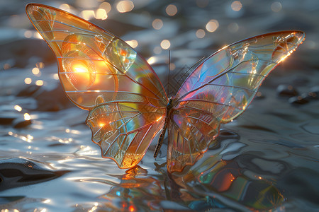 光斑光圈水中飘浮的发光蝴蝶插画