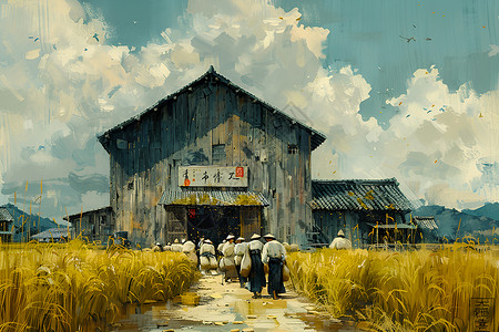 农民挑着粮食走向仓库背景图片