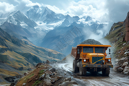 矿石矿车穿越山脉道路上设计图片