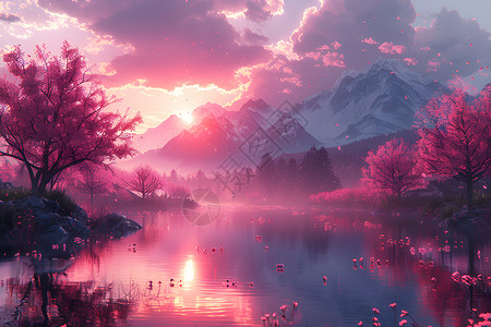 粉红色夕阳湖光山色背景