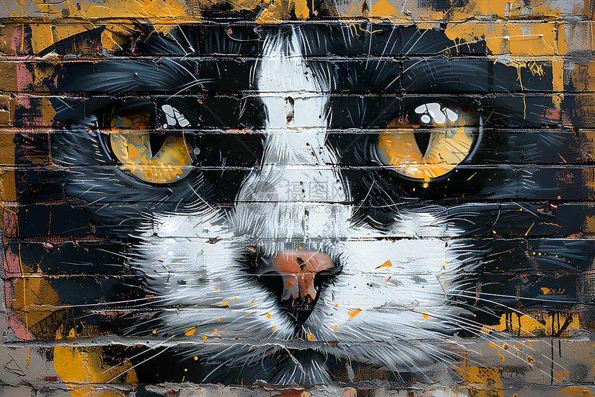猫咪涂鸦砖墙图片