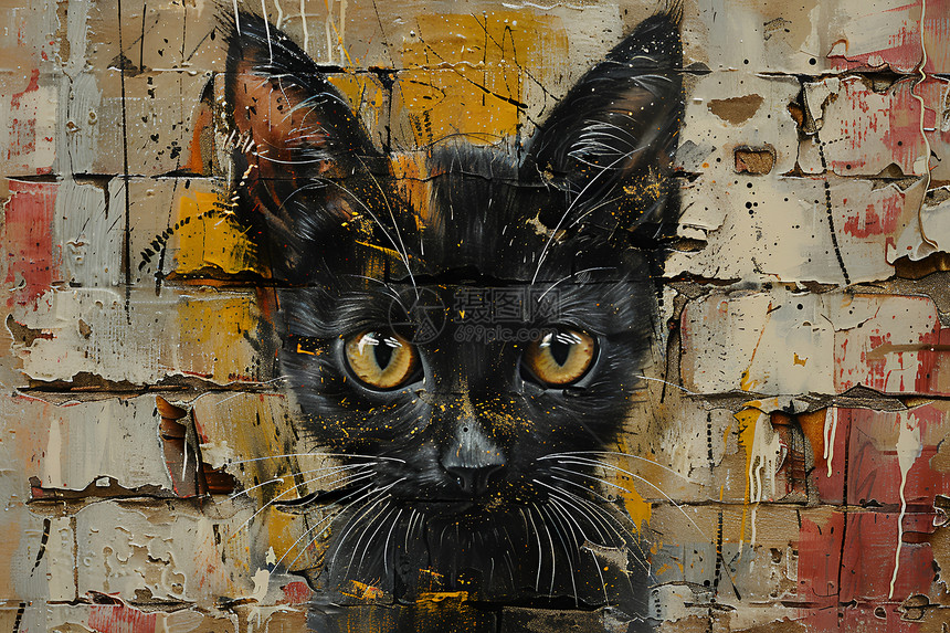 黑色猫咪与涂鸦墙图片