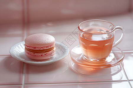 粉色瓷砖上的小蛋糕茶点背景图片