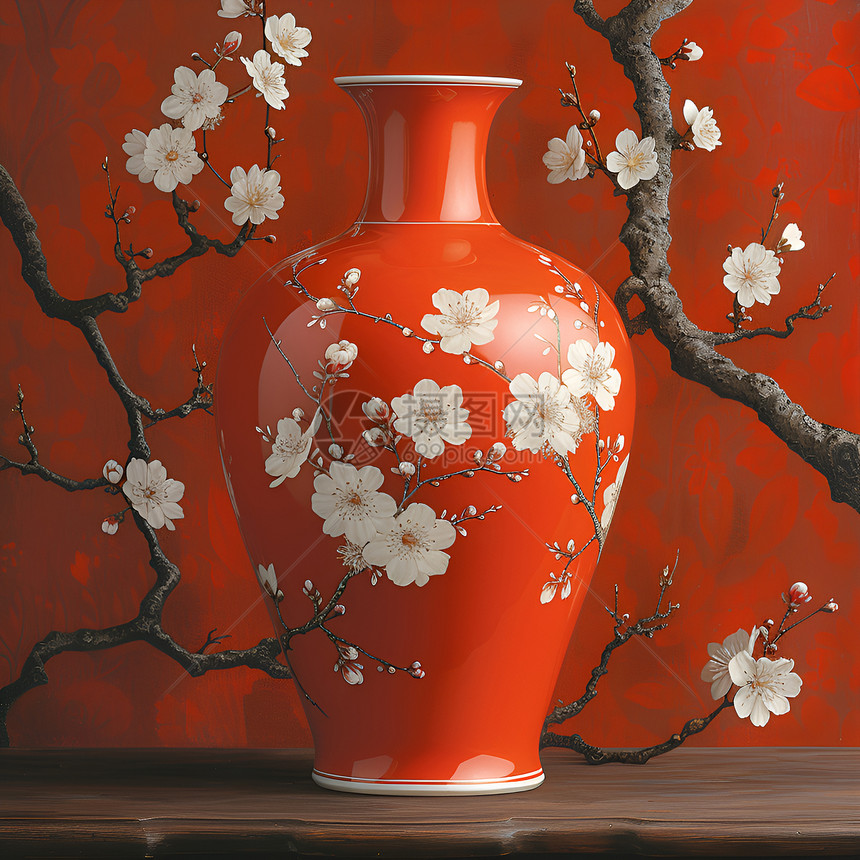 红色的绘画花朵花瓶图片