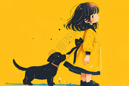 黄衣小女孩牵着黑狗背景图片