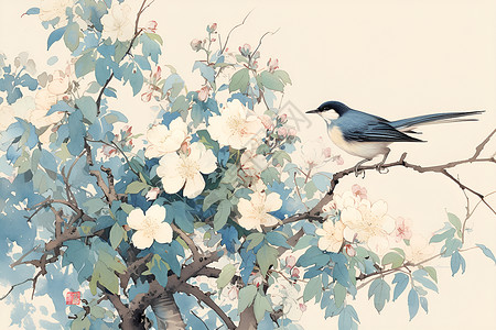 牡丹花上的小鸟花树枝上的小鸟插画