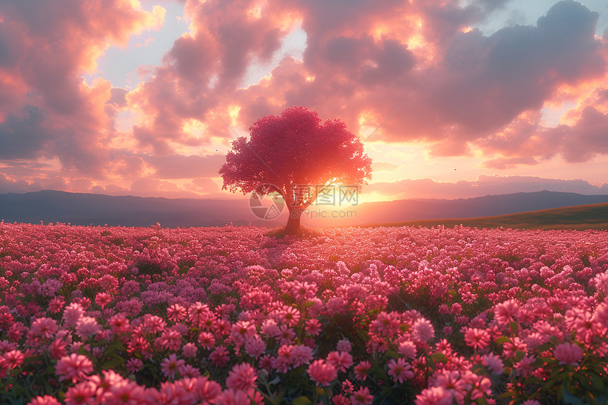 日落时的粉色花海图片