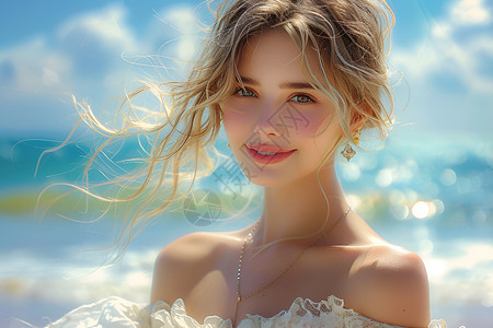 白裙少女海边甜蜜微笑高清图片