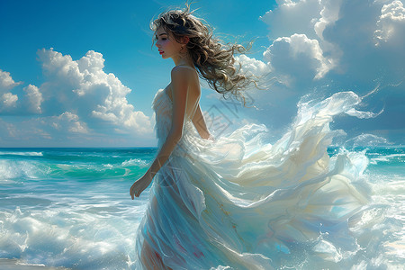 海滩上穿着白裙的女子背景图片