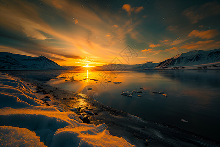 冰原极地夕阳下的冰原河流背景