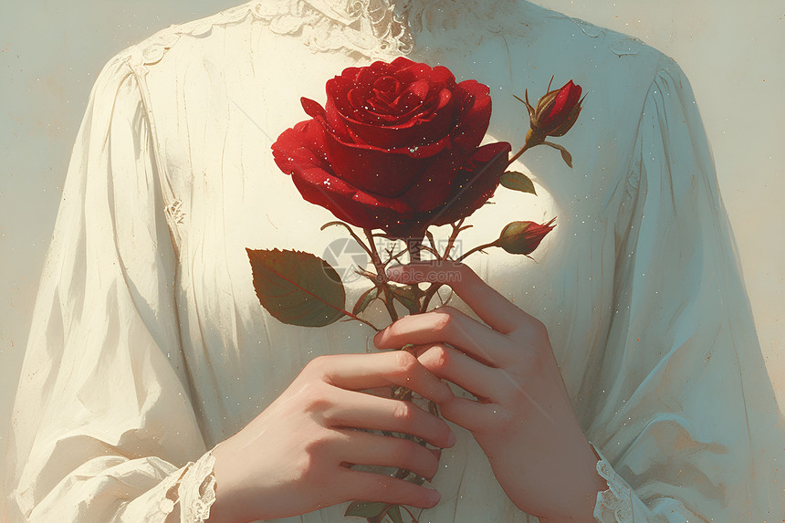 女人手中握着红玫瑰图片