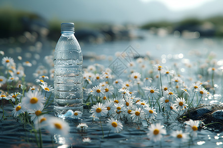 清澈池塘中的一瓶水背景图片