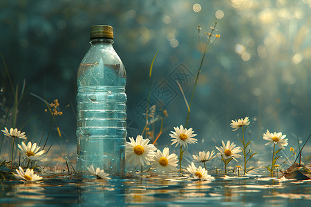 瓶中洁白花朵清幽的池塘中水瓶与雏菊共融插画