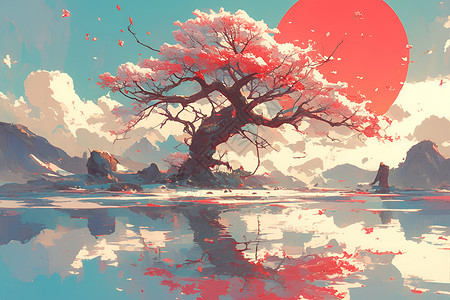 落日下的樱花树背景图片