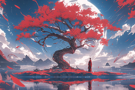 月光下的孤岛枫树背景图片