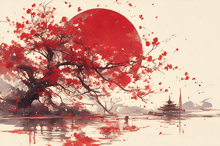 红日下的花树背景图片