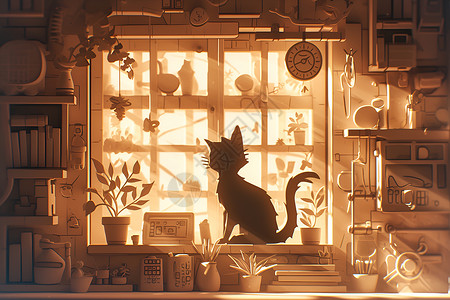 猫咪与花窗桌子与盆栽高清图片