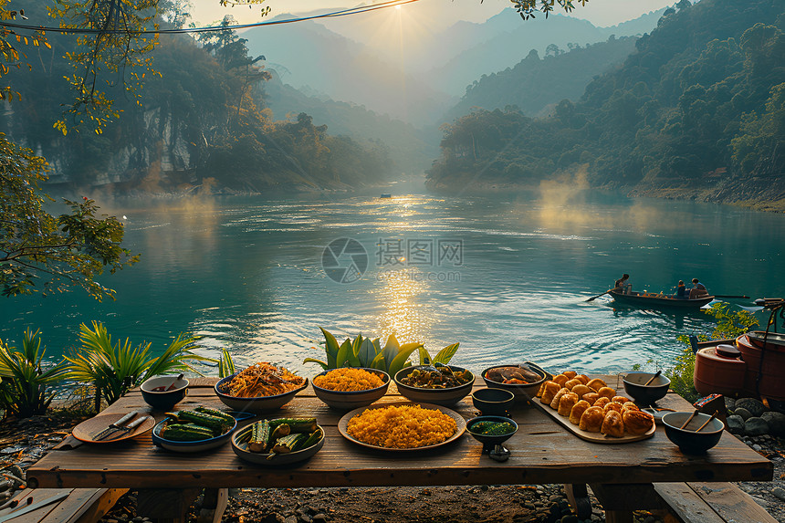 宁静河畔的咖喱野餐图片