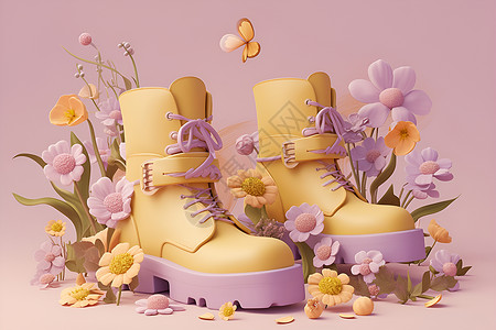 鲜花与靴子背景图片